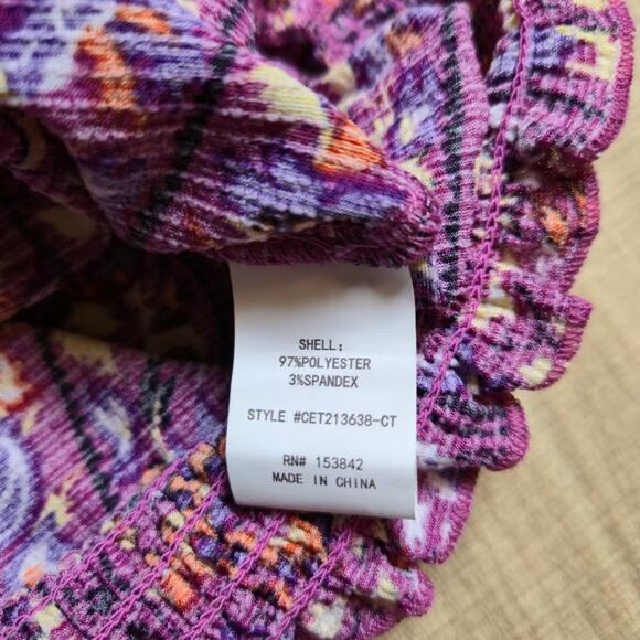 Melloday Womens Paisley Wrap Top Size XL Purple Smocked Hem Bohemian - Picture 10 of 11